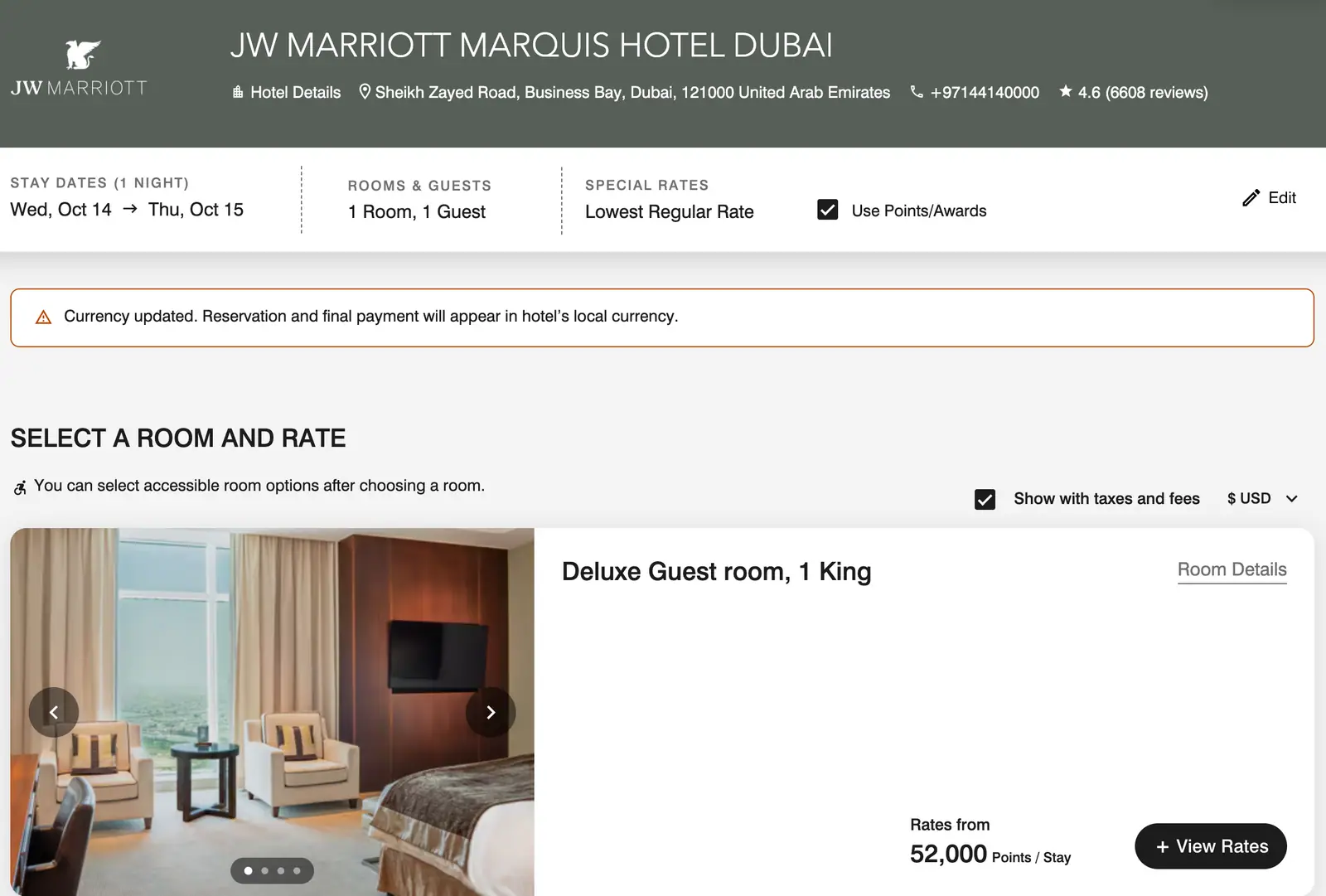 Marriott award search screenshot, August: 52,000 points