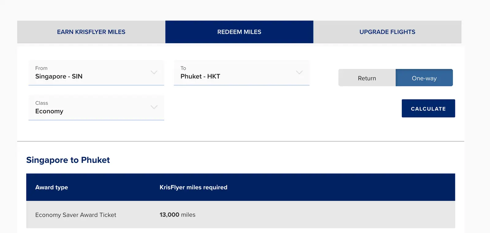 Singapore KrisFlyer published award chart (SQ-SINHKT-Y)